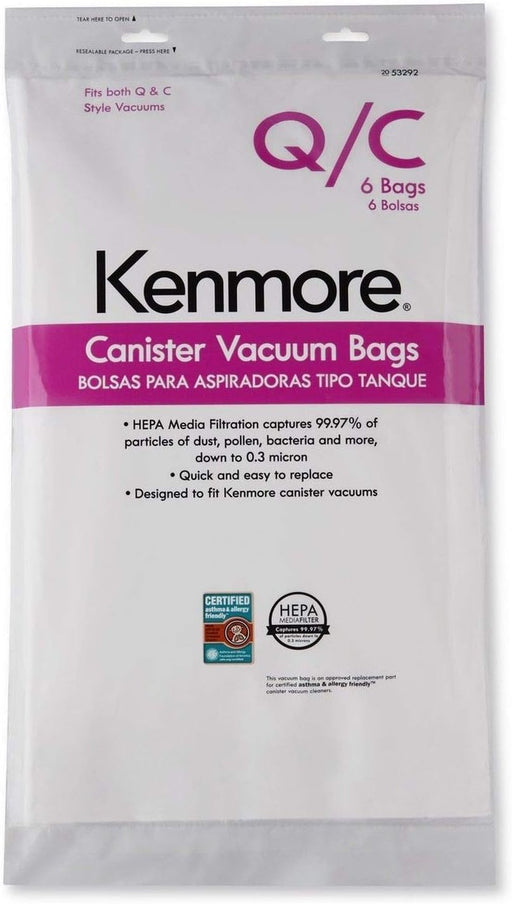 Genuine Kenmore 53292 Type Q/C HEPA Canister Vacuum Bags Pack of 6