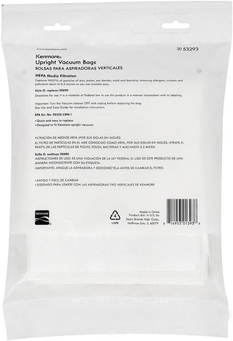 Genuine Kenmore 53293 Vacuum HEPA Dust Bag Type 0 Pack of 2