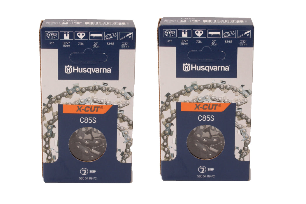 2 PK Genuine Husqvarna 585548972 20" 3/8" .058" 72 DL Chainsaw Chain Loop C85S