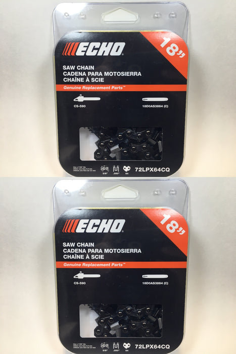 2 PK Genuine Echo 72LPX64CQ 18" .050" 3/8" 64 DL Chainsaw Chain Loop OEM