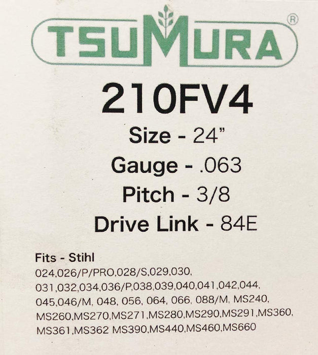 Genuine TsuMura 210FV4 24" .063 3/8" 84DL D025 Solid Chainsaw Guide Bar