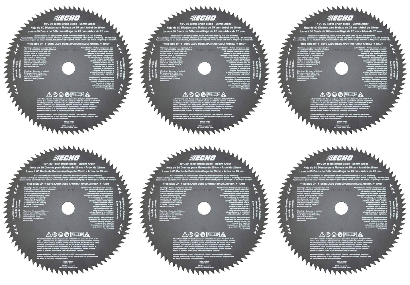 6 PK Genuine Echo 69500121431 10" 25mm Arbor 80 Tooth Brush Blade SRM Series SS