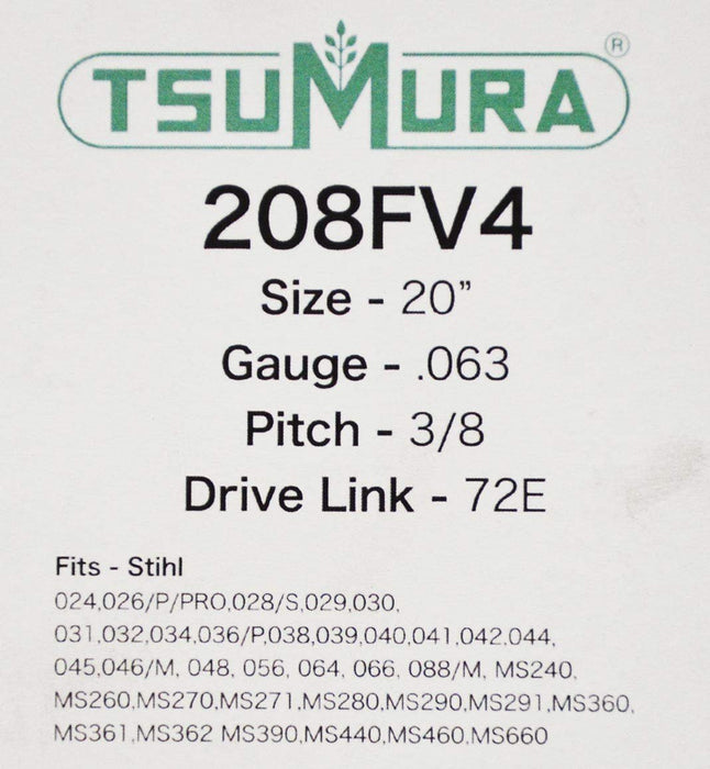 Genuine TsuMura 208FV4 20" .063 3/8" 72DL D025 Solid Chainsaw Guide Bar