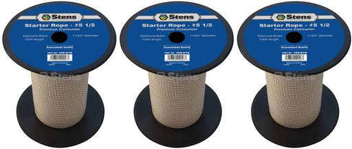 3 PK Stens 145-616 Diamond Braid Starter Rope 100' Spool Size 5-1/2 Dia 11/64"