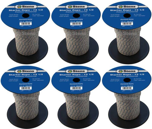 6 PK Stens 146-019 Solid Braid Starter Rope 100' Spool Size 3-1/2 Dia 7/64"