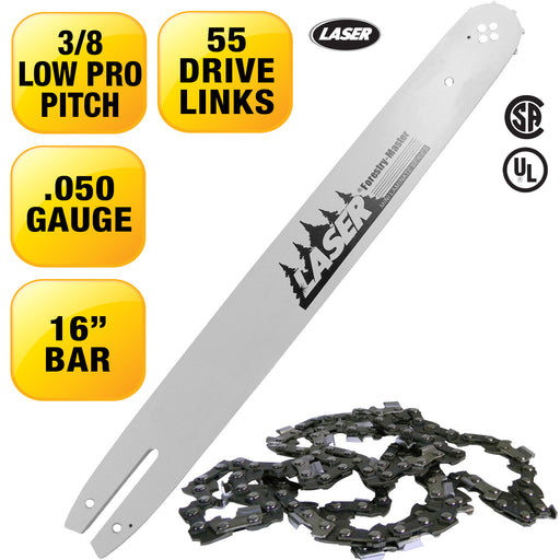 Laser 22627 16" Chainsaw Guide Bar & Chain Combo 3/8" LP .050 55 Drive links