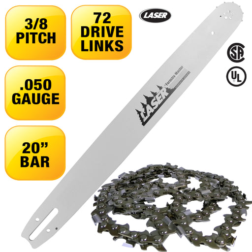 Laser 22636 20" 3/8" .050" 72 DL Chainsaw Bar & Chain Combo