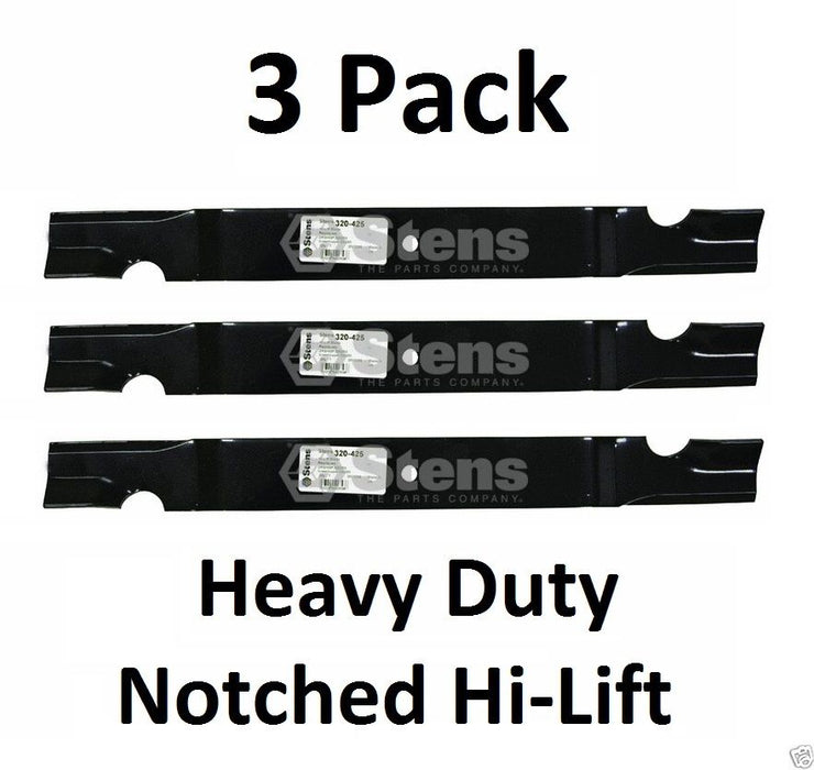 3 Pack Stens 320-425 HD Notched Hi-Lift Blades Fits Grasshopper 320251 320253