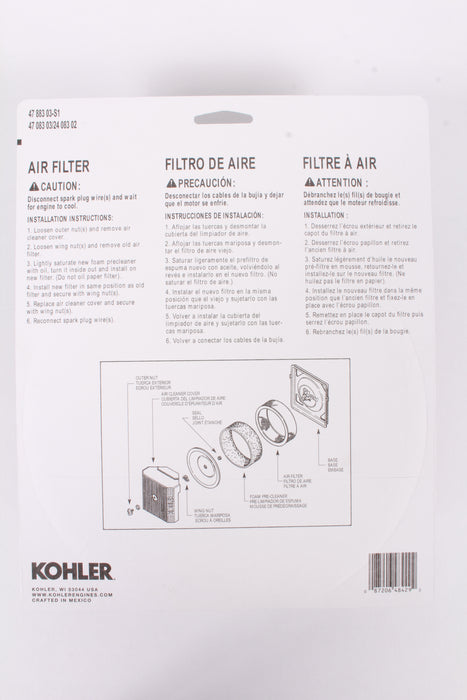 Genuine Kohler 47-883-03-S1 Air Filter & Pre Filter Combo For Command Series OEM