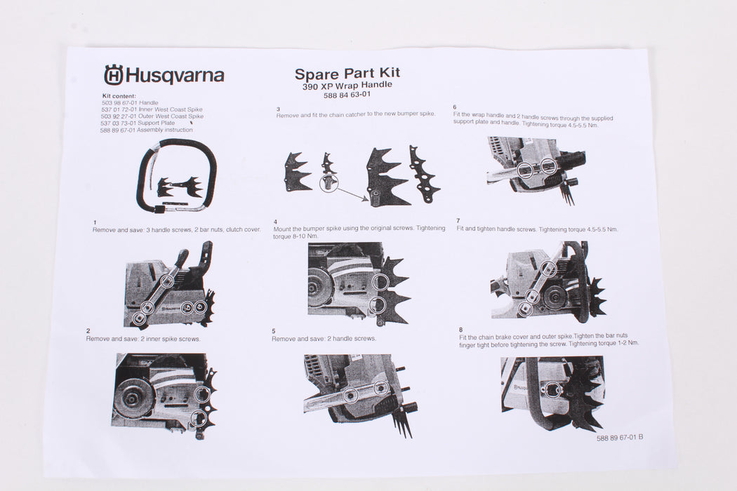 Genuine Husqvarna 588846301 Full Wrap Handle Kit with Spikes Fits 390XP