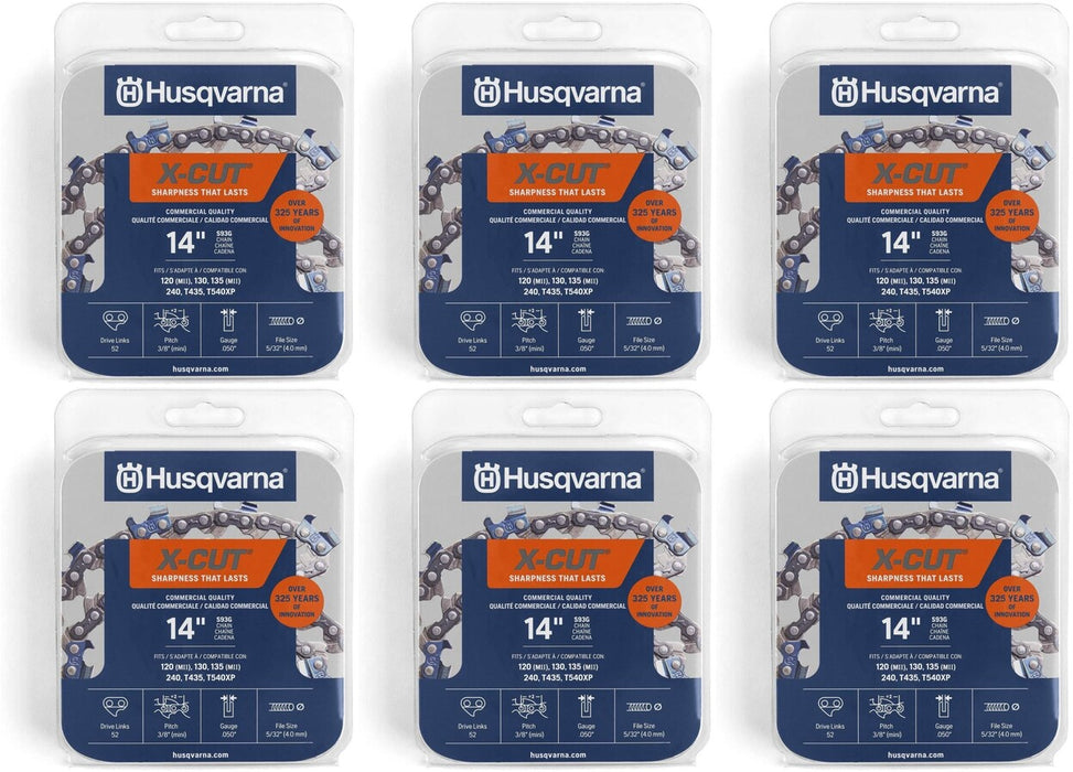 6 Pack Husqvarna 597469552 14" S93G 3/8" MINI .050 52 CS X-Cut Saw Chain Loop