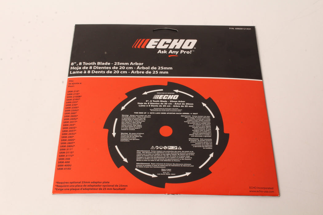 Genuine Echo 69600121431 8" 25mm Arbor 8-Tooth Grass & Weed Blade SRM SS