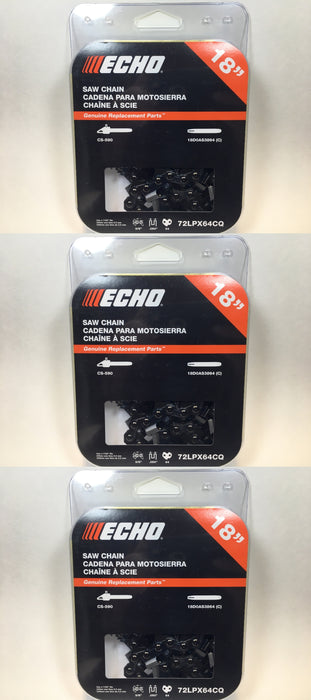 3 PK Genuine Echo 72LPX64CQ 18" .050" 3/8" 64 DL Chainsaw Chain Loop OEM