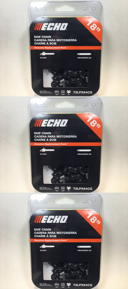 3 PK Genuine Echo 72LPX64CQ 18" .050" 3/8" 64 DL Chainsaw Chain Loop OEM