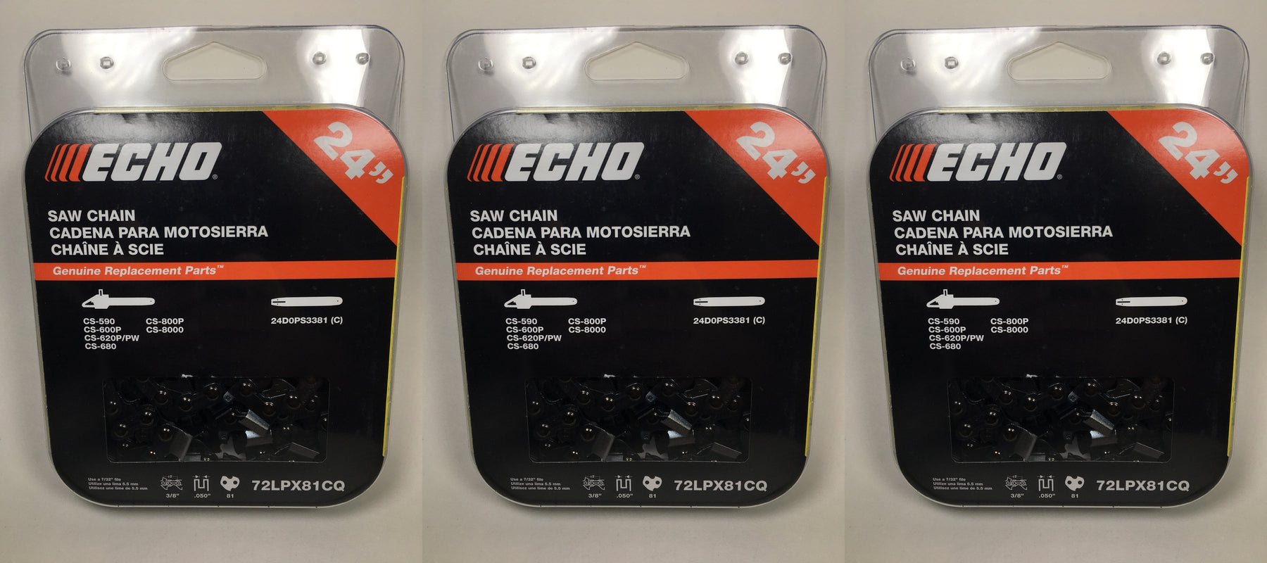 3 PK Genuine Echo 72LPX81CQ 24" .050" 3/8" 81 DL Chainsaw Chain Loop OEM